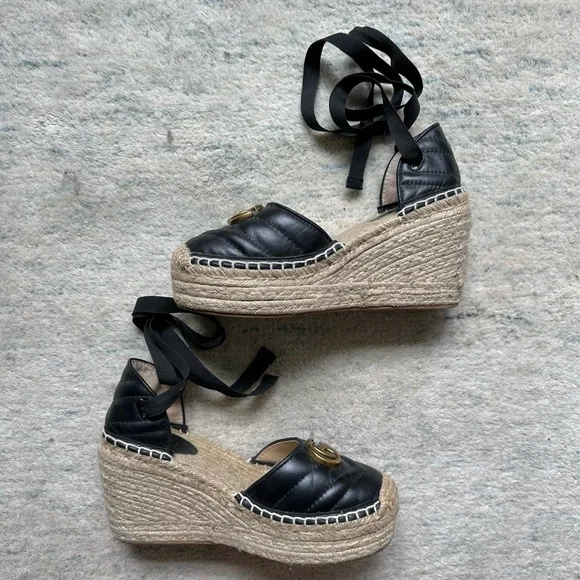 Gucci Charlotte Marmont Espadrilles Platform Wedge Heels Black Leather 8.5/9 - Picture 2 of 11